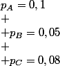p_A=0,1\\
 \\ p_B=0,05\\
 \\ p_C=0,08