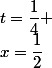 x=\dfrac{1}{2}&nbsp;&nbsp;\implies&nbsp;&nbsp;t=\dfrac{1}{4} 