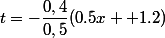 t=-\dfrac{0,4}{0,5}(0.5x +1.2)