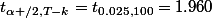 t_{\alpha /2,T-k}=t_{0.025,100}=1.960