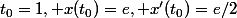 t_0=1, x(t_0)=e, x'(t_0)=e/2