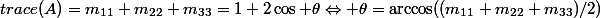 trace(A)=m_{11}+m_{22}+m_{33}=1+2\cos \theta\Leftrightarrow \theta=\arccos((m_{11}+m_{22}+m_{33})/2)