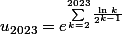 u_{2023}=e^{\sum_{k=2}^{2023}\frac{\ln\,k}{2^{k-1}}}