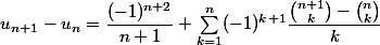 u_{n+1}-u_n=\dfrac{(-1)^{n+2}}{n+1}+\sum_{k=1}^n(-1)^{k+1}\dfrac{\binom{n+1}{k}-\binom{n}{k}}{k}