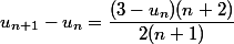 u_{n+1}-u_n=\dfrac{(3-u_n)(n+2)}{2(n+1)}