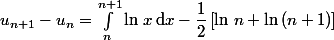 u_{n+1}-u_n=\int_n^{n+1}\ln\,x\,\text{d}x-\dfrac{1}{2}\left[\ln\,n+\ln\,(n+1)\right]