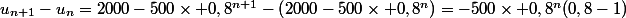 u_{n+1}-u_n=2000-500\times 0,8^{n+1}-\left(2000-500\times 0,8^n\right)=-500\times 0,8^n(0,8-1)