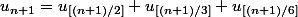 u_{n+1}=u_{[(n+1)/2]}+u_{[(n+1)/3]}+u_{[(n+1)/6]}