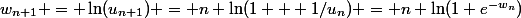 w_{n+1} = \ln(u_{n+1}) = n \ln(1 + 1/u_{n}) = n \ln(1+e^{-w_n})