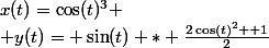x(t)=\cos(t)^3
 \\ y(t)= \sin(t) * \frac{2\cos(t)^2 +1}2