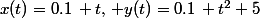 x(t)=0.1\, t,\, y(t)=0.1\, t^2+5