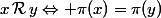 x\,\mathcal{R}\,y\Leftrightarrow \pi(x)=\pi(y)