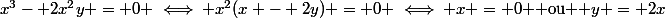 x^3- 2x^2y = 0 \iff x^2(x - 2y) = 0 \iff x = 0 $ ou $ y = 2x