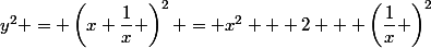 y^{2} = \left(x+\dfrac{1}{x} \right)^{2} = x^{2} + 2 + \left(\dfrac{1}{x} \right)^{2}