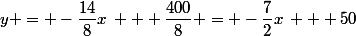 y = -\dfrac{14}{8}x\: + \dfrac{400}{8} = -\dfrac{7}{2}x\: + 50
