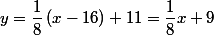 y=\dfrac{1}{8}\left(x-16\right)+11=\dfrac{1}{8}x+9