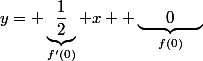 y= \underbrace{\dfrac{1}{2}}_{f'(0)} x+ \underbrace{\phantom{xxx}0\phantom{xxx}}_{f(0)}