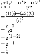 (\frac{x+3}{e})' = \frac{U'V - UV'}{V^2}
 \\ = \frac{(1)(e) - (x+3)(0)}{(e)^2}
 \\ = \frac{e - 0}{e^2}
 \\ = e^{(1-2)}
 \\ = e^{-1}
 \\ = \frac{1}{e}