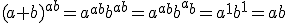 (a+b)^{ab}=a^{ab}b^{ab}=a^a^bb^a^b=a^1b^1=ab