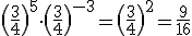 \(\frac{3}{4}\)^5\cdot\(\frac{3}{4}\)^{-3}=\(\frac{3}{4}\)^2=\frac{9}{16}