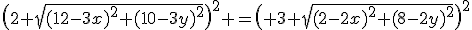 \(2 \sqr{(12-3x)^2+(10-3y)^2}\)^2 =\( 3 \sqr{(2-2x)^2+(8-2y)^2}\)^2