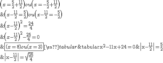 \rm\begin{tabular}x^{2}-11x+24=0&\Longleftrightarrow&\(x-\frac{11}{2}\)^{2}-\frac{25}{4}=0\\&\Longleftrightarrow&\(x-\frac{11}{2}\)^{2}=\frac{24}{4}\\&\Longleftrightarrow&\|x-\frac{11}{2}\|=\sqrt{\frac{25}{4}}\\&\Longleftrightarrow&\|x-\frac{11}{2}\|=\frac{5}{2}\\&\Longleftrightarrow&\(x-\frac{11}{2}=\frac{5}{2}\)~ou~\(x-\frac{11}{2}=-\frac{5}{2}\)\\&\Longleftrightarrow&\(x=\frac{5}{2}+\frac{11}{2}\)~ou~\(x=-\frac{5}{2}+\frac{11}{2}\)\\&\Longleftrightarrow&\fbox{\(x=8\)~ou~\(x=3\)}\end{tabular}