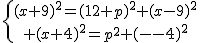\{{(x+9)^2=(12+p)^2+(x-9)^2\atop (x+4)^2=p^2+(x-4)^2}