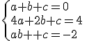 \{{a+b+c=0\\4a+2b+c=4\\a-b+c=-2}\