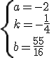 \{{a=-2\\k=-\frac{1}{4}\\b=\frac{95}{16}}\