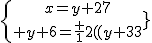 \{{x=y+27\atop y+6=\frac {1}{2}(y+33)}