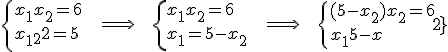 \{{x_1 x_2 = 6 \\ x_1 + x_2 = 5}\hspace{15} \Longrightarrow \hspace{15}\{{x_1x_2 = 6 \\ x_1 = 5 - x_2} \hspace{15} \Longrightarrow \hspace{15}\{{(5-x_2)x_2 = 6 \\ x_1 = 5 - x_2}