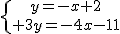 \{{y=-x+2\atop 3y=-4x-11}