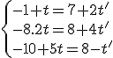 \{-1+t=7+2t'\\-8.2t=8+4t'\\-10+5t=8-t'