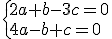 \{2a+b-3c=0\\4a-b+c=0