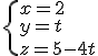 \{x=2\\y=t\\z=5-4t