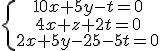 \.\{\array{10x+5y-t=0\\4x+z+2t=0\\2x+5y-2z-5t=0}