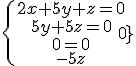 \.\{\array{2x+5y+z=0\\5y+5z=0\\0=0\\-5z=0}