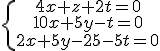 \.\{\array{4x+z+2t=0\\10x+5y-t=0\\2x+5y-2z-5t=0}