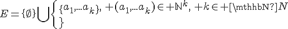 \Large{E=\{\empty\}\bigcup\{\{a_1,...a_k\},\, (a_1,...a_k)\in \mathbb{N}^k,\, k\in \mathbb{N})\}}