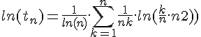 \Large{ln(t_n) = \frac{1}{ln(n)}.\sum_{k=1}^n \frac{1}{n+k}.ln(\frac{k}{n}.n^2)