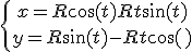 \Large \left\{{x = R\cos(t)+Rt\sin(t) \atop y= R\sin(t) - Rt\cos(t)