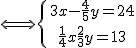 \Longleftrightarrow \{{\ 3x - \frac{4}{5}y = 24\atop\ \frac{1}{4}x + \frac{2}{3}y = 13}