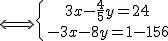 \Longleftrightarrow \{{\ 3x - \frac{4}{5}y = 24\atop\ -3x - 8y = -156}