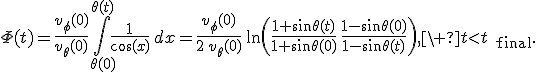 \Phi(t)=\frac{v_\phi(0)}{v_\theta(0)}\int_{\theta(0)}^{\theta(t)}\frac{1}{\cos(x)}\,dx=\frac{v_\phi(0)}{2\,v_\theta(0)}\,\ln\left(\frac{1+\sin\theta(t)}{1+\sin\theta(0)}\,\frac{1-\sin\theta(0)}{1-\sin\theta(t)}\right),\ t<t_{\text{final}}.