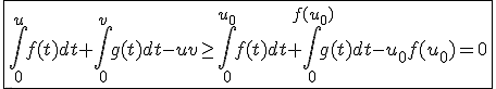 \fbox{\int_{0}^{u}f(t)dt+\int_{0}^{v}g(t)dt-uv\ge\int_{0}^{u_0}f(t)dt+\int_{0}^{f(u_0)}g(t)dt-u_0f(u_0)=0}