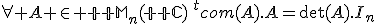 \forall A \in {\mathbb M}_n({\mathbb C})\hspace{10}^tcom(A).A=\det(A).I_n
