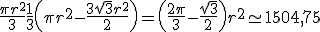 \frac{\pi r^2}{3}+\frac{1}{3}\(\pi r^2 - \frac{3\sqrt{3}r^2}{2}\)=\(\frac{2\pi}{3}-\frac{\sqrt{3}}{2}\)r^2\simeq 1504,75