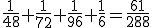 \frac{1}{48}+\frac{1}{72}+\frac{1}{96}+\frac{1}{6}=\frac{61}{288}