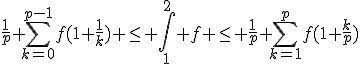 \frac{1}{p} \Bigsum_{k=0}^{p-1}f(1+\frac{1}{k}) \le \Bigint_1^2 f \le \frac{1}{p} \Bigsum_{k=1}^{p}f(1+\frac{k}{p})