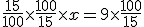 \frac{15}{100} \times \frac{100}{15} \times x = 9 \times \frac{100}{15}